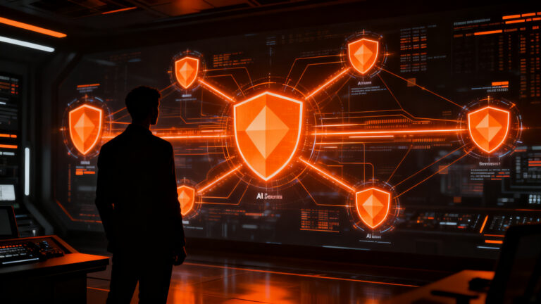 Microsoft Guardian Agents vigilando la seguridad y gobernanza de agentes de IA en un entorno corporativo digital.