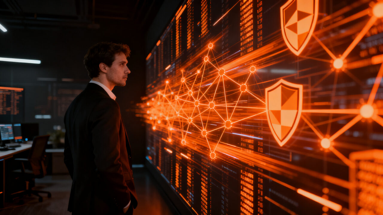 Representación visual de ciberseguridad avanzada con IA, mostrando la defensa contra ataques digitales y la automatización en el entorno corporativo.