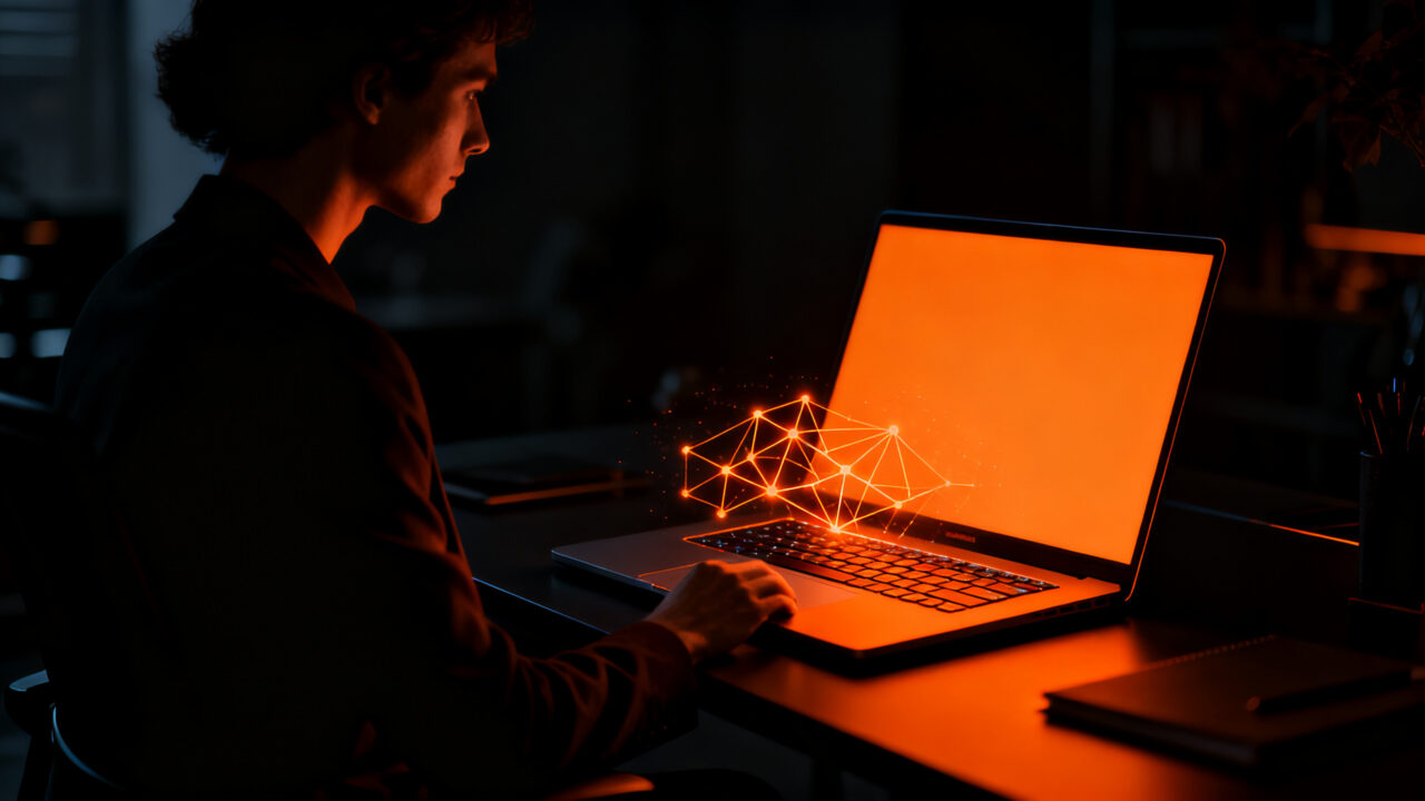 Silueta de un profesional trabajando en una laptop de alta gama con IA, representando el concepto de inteligencia híbrida y hardware avanzado.