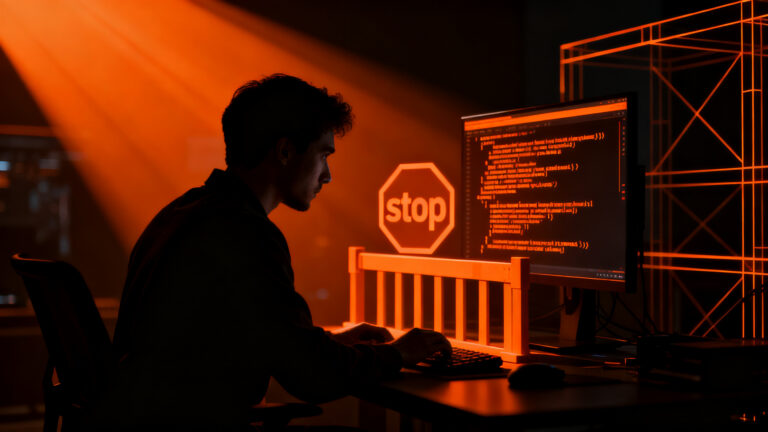 Desarrollador de software analizando código fuente en un entorno oscuro, representando la política de MicroZig contra el código generado por IA.