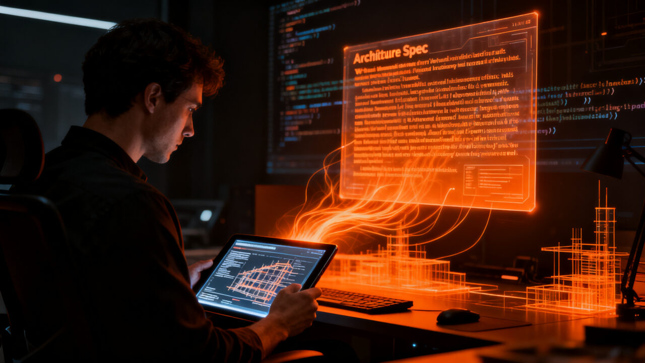 Estratega de software definiendo arquitectura de IA mediante documentos escritos, representando el desarrollo basado en especificaciones.