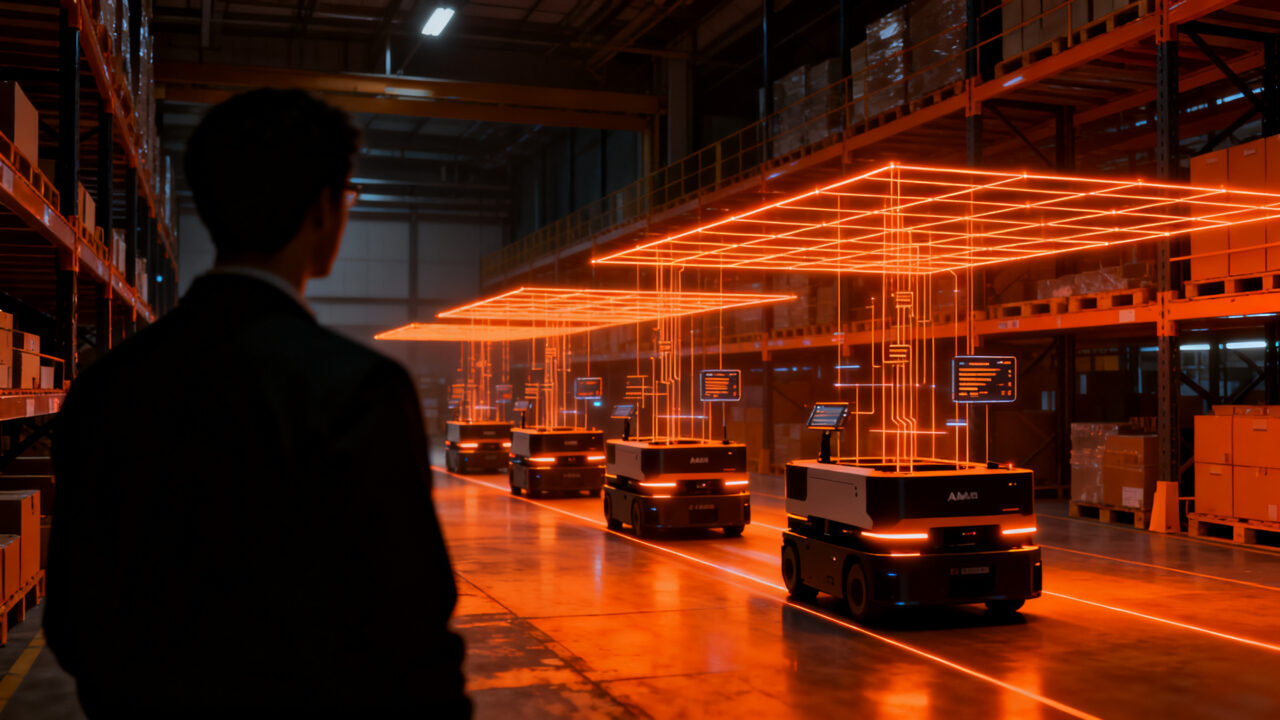 Automatización intralogística con robots AMR y AGV en una planta industrial moderna para mejorar la eficiencia operativa.
