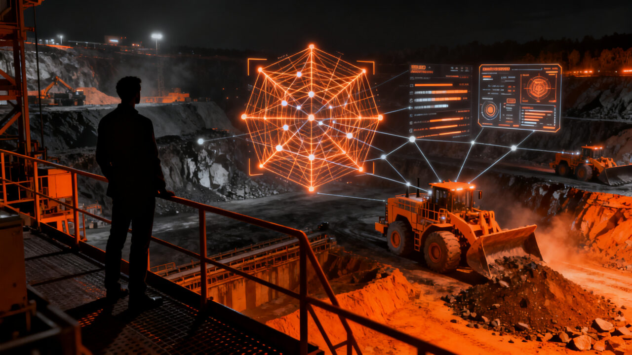 Estratega tecnológico supervisando operaciones mineras automatizadas mediante IA y ciberseguridad industrial en 2027.