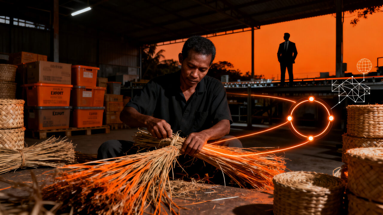 Emprendedor en el delta del Mekong transformando jacinto de agua en productos de exportación bajo un modelo de economía circular.