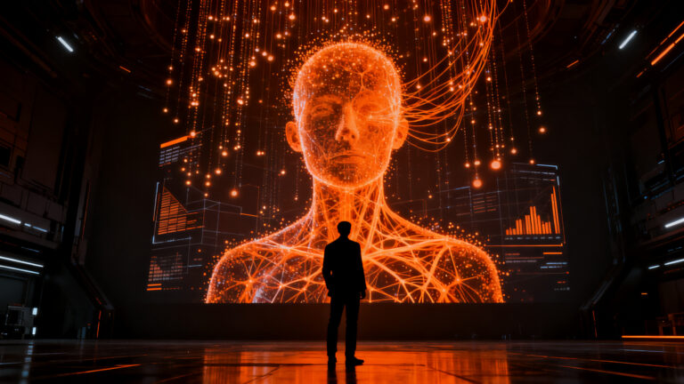 Modelo de inteligencia artificial Mirror Particle analizando patrones de comportamiento humano en un entorno digital futurista.