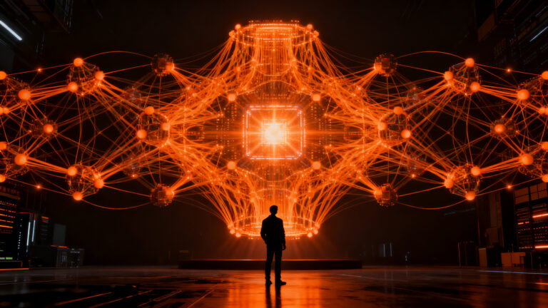 Representación visual de Mistral Large 4, modelo de IA de un billón de parámetros, simbolizando potencia tecnológica y arquitectura de redes neuronales.