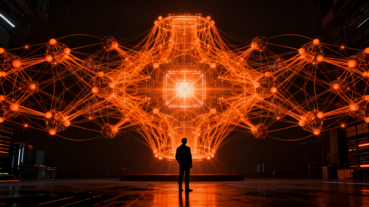 Representación visual de Mistral Large 4, modelo de IA de un billón de parámetros, simbolizando potencia tecnológica y arquitectura de redes neuronales.