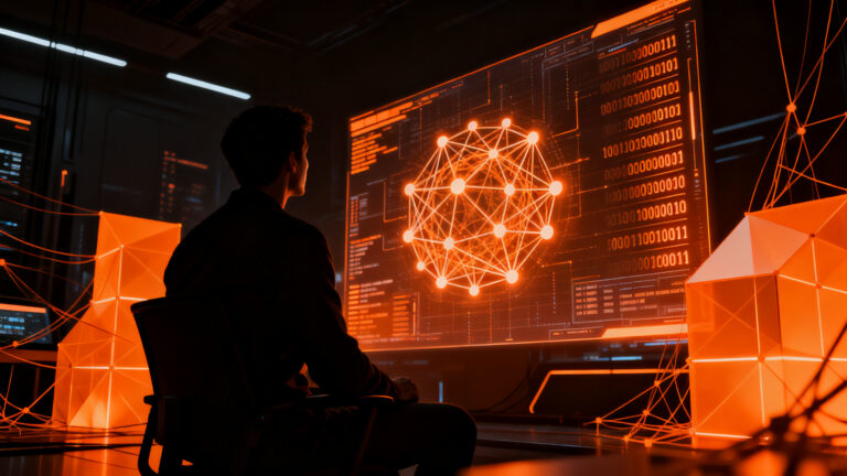 Especialista en ciberseguridad interactuando con una red neuronal de IA de Mistral AI, simbolizando la potencia del modelo Le Chonk.