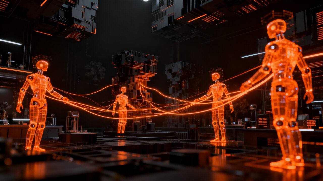 Agentes de IA autónomos explorando un entorno virtual, investigación del MIT sobre aprendizaje acelerado y autonomía.