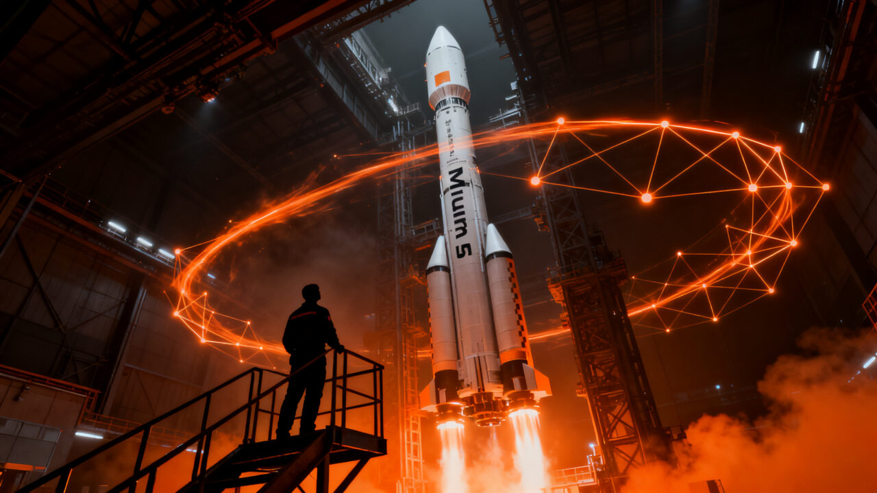 Ingeniero observando el cohete Miura 5 de PLD Space en una plataforma de lanzamiento, simbolizando la innovación espacial española.