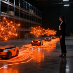 Experta en logística supervisando almacén automatizado con robots autónomos e inteligencia artificial.