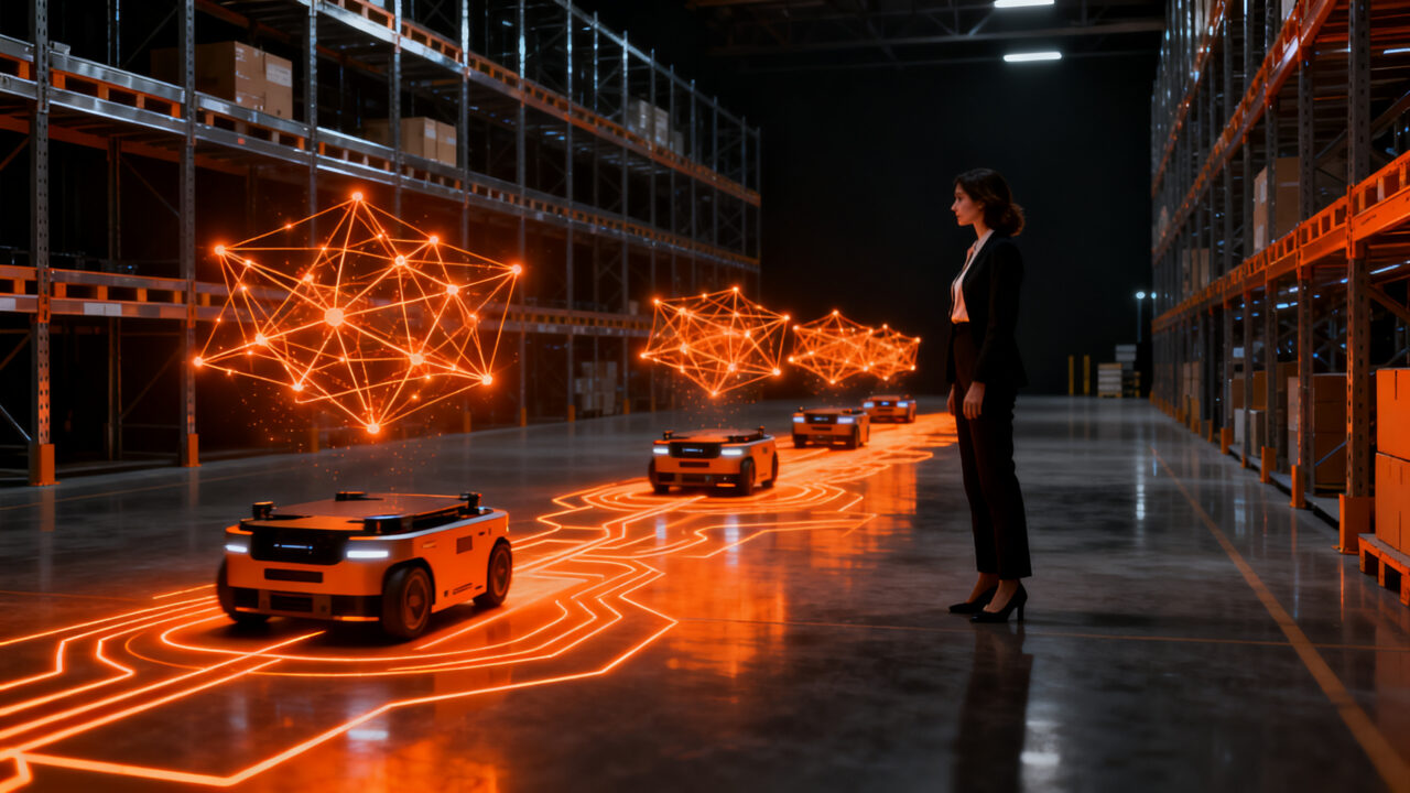 Experta en logística supervisando almacén automatizado con robots autónomos e inteligencia artificial.