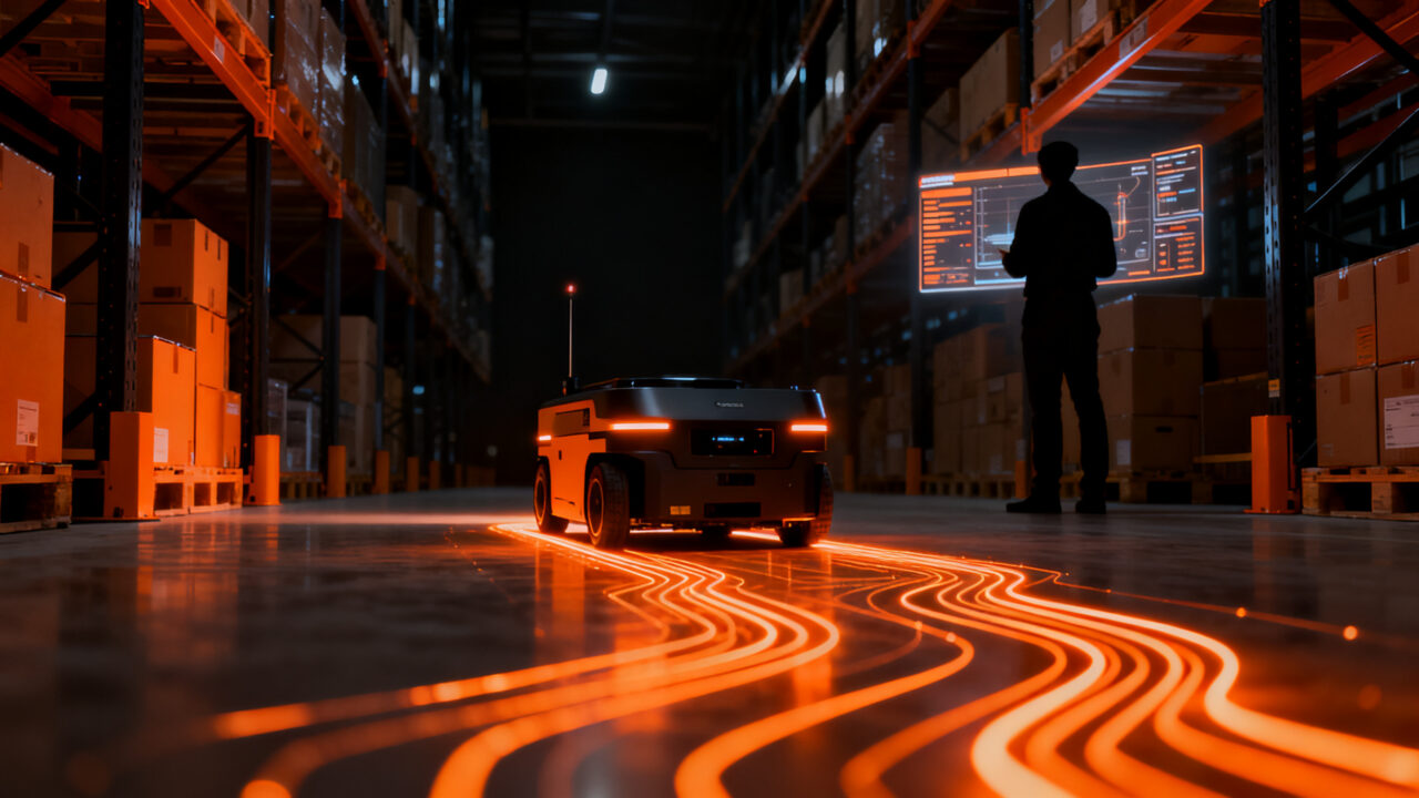 Robot de intralogística en un almacén automatizado, representando las soluciones de SGA y robótica de Moinsa en Logistics & Automation Madrid.