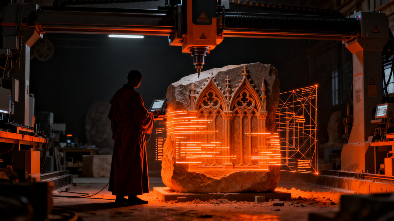 Monje trabajando con maquinaria CNC de 5 ejes, simbolizando la unión entre la tradición artesanal y la automatización industrial.