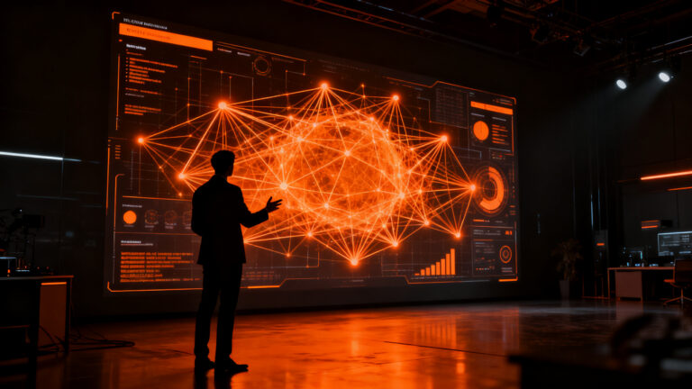 Estratega humano supervisando una red neuronal creativa, representando el criterio humano en la era de la IA para startups.