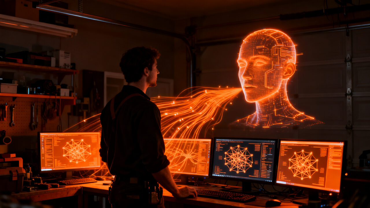 Ingeniero interactuando con una interfaz de IA conversacional local en un taller tecnológico avanzado, representando el poder de NVIDIA Nemotron.