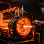 Motor Stirling moderno en un sótano europeo, representando la eficiencia de la microcogeneración y la energía distribuida.
