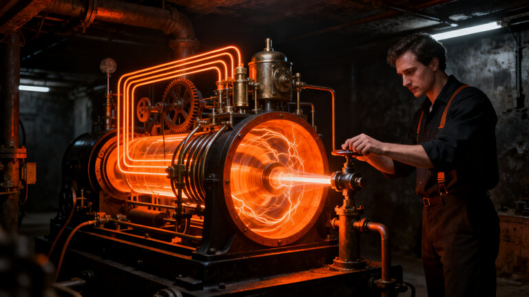 Motor Stirling moderno en un sótano europeo, representando la eficiencia de la microcogeneración y la energía distribuida.