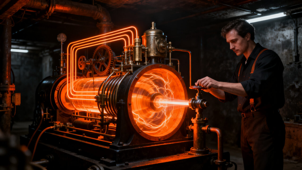 Motor Stirling moderno en un sótano europeo, representando la eficiencia de la microcogeneración y la energía distribuida.
