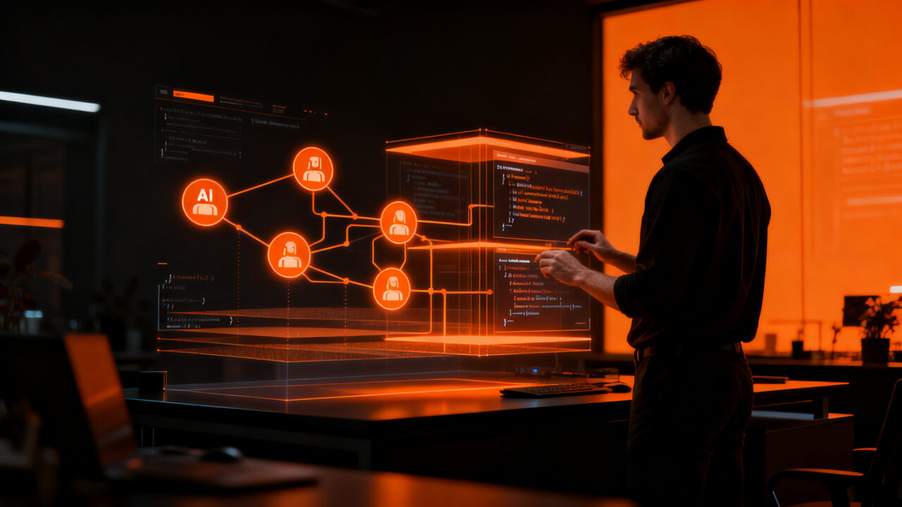 Product engineer trabajando con agentes de IA para transformar problemas de clientes en soluciones tecnológicas, representando el futuro de la ingeniería de software.