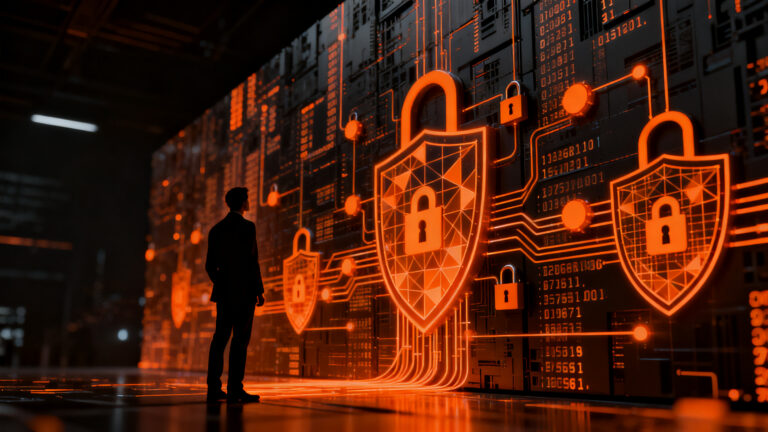 Empresario ante un complejo muro digital de seguridad de datos, representando el cumplimiento normativo y la protección de información en México.