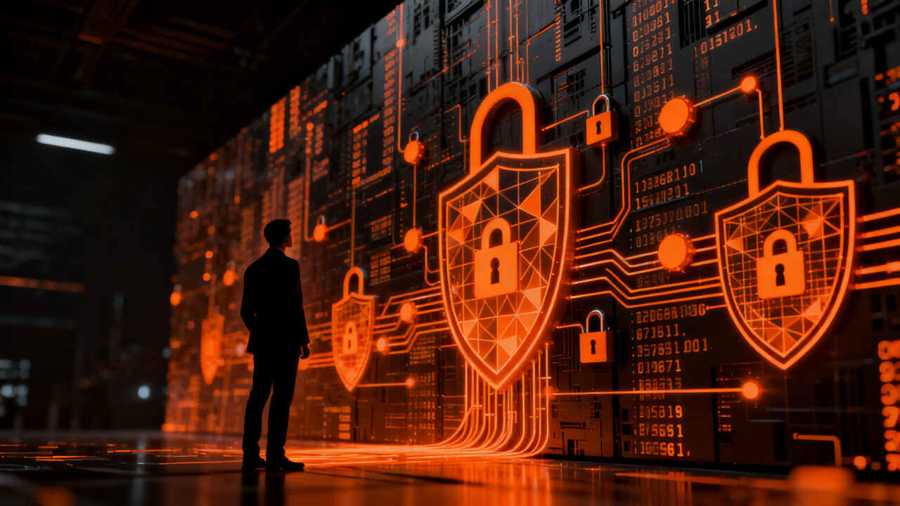 Empresario ante un complejo muro digital de seguridad de datos, representando el cumplimiento normativo y la protección de información en México.