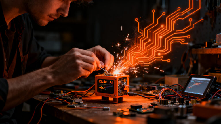 Prototipado de hardware con IA: creador ensamblando un dispositivo tipo Tamagotchi usando Claude Code y componentes electrónicos.