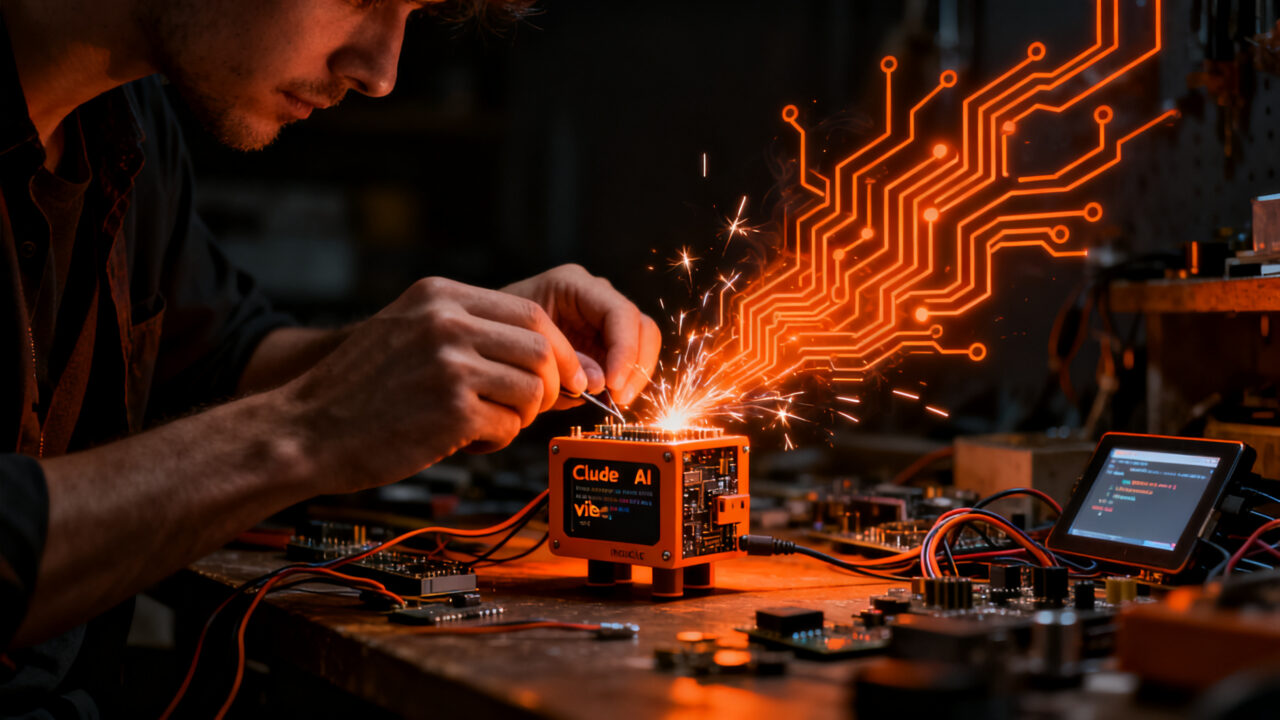 Prototipado de hardware con IA: creador ensamblando un dispositivo tipo Tamagotchi usando Claude Code y componentes electrónicos.