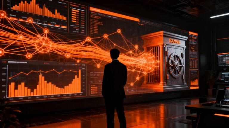 Agente de IA de Meta analizando datos financieros, representando la disrupción tecnológica en el sector bancario y la pérdida de depósitos.