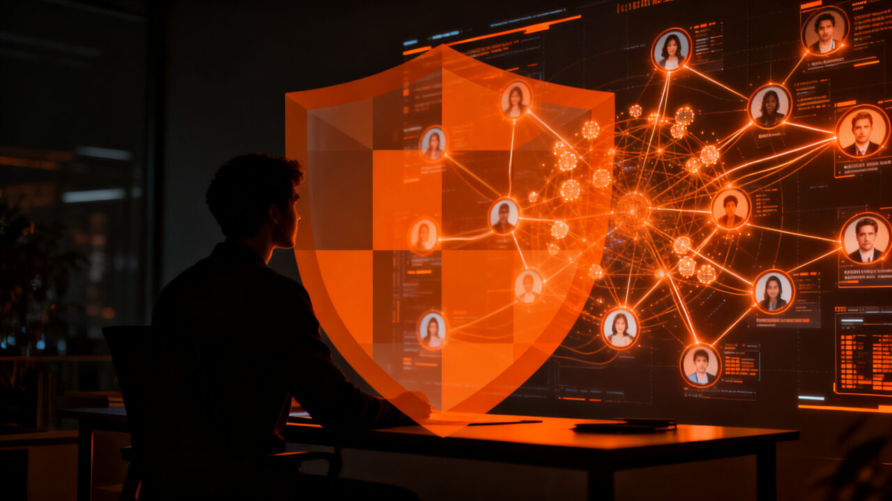 Representación visual de agentes de IA analizando datos personales con enfoque en privacidad y automatización, estilo Ecosistema Startup.