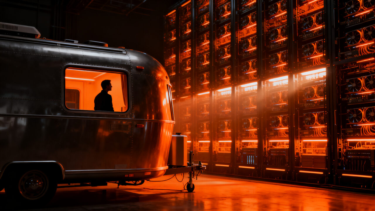 Elon Musk durmiendo en un Airstream junto al supercomputador Colossus en Memphis, simbolizando el compromiso extremo en el desarrollo de infraestructura de IA.