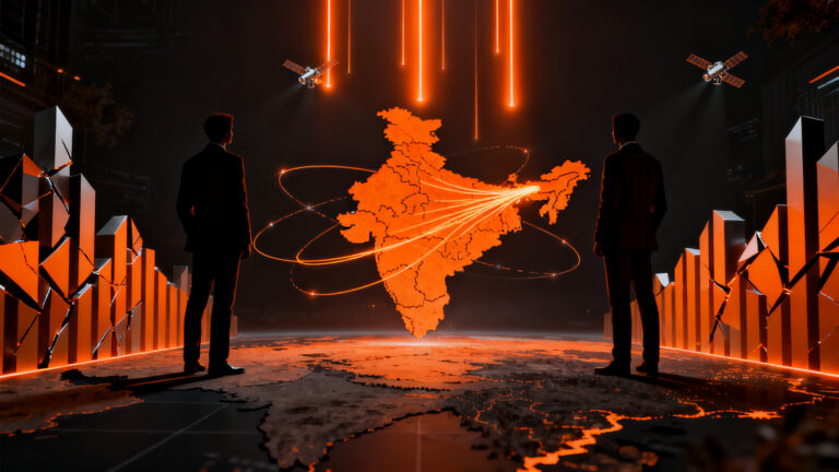 Elon Musk y Mukesh Ambani en una disputa por el mercado de internet satelital en India, representando la lucha por el espectro y la regulación.
