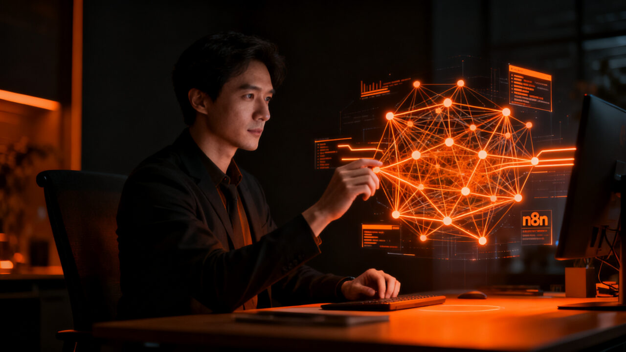 Profesional financiero optimizando flujos de trabajo con automatización no-code n8n e IA para startups.