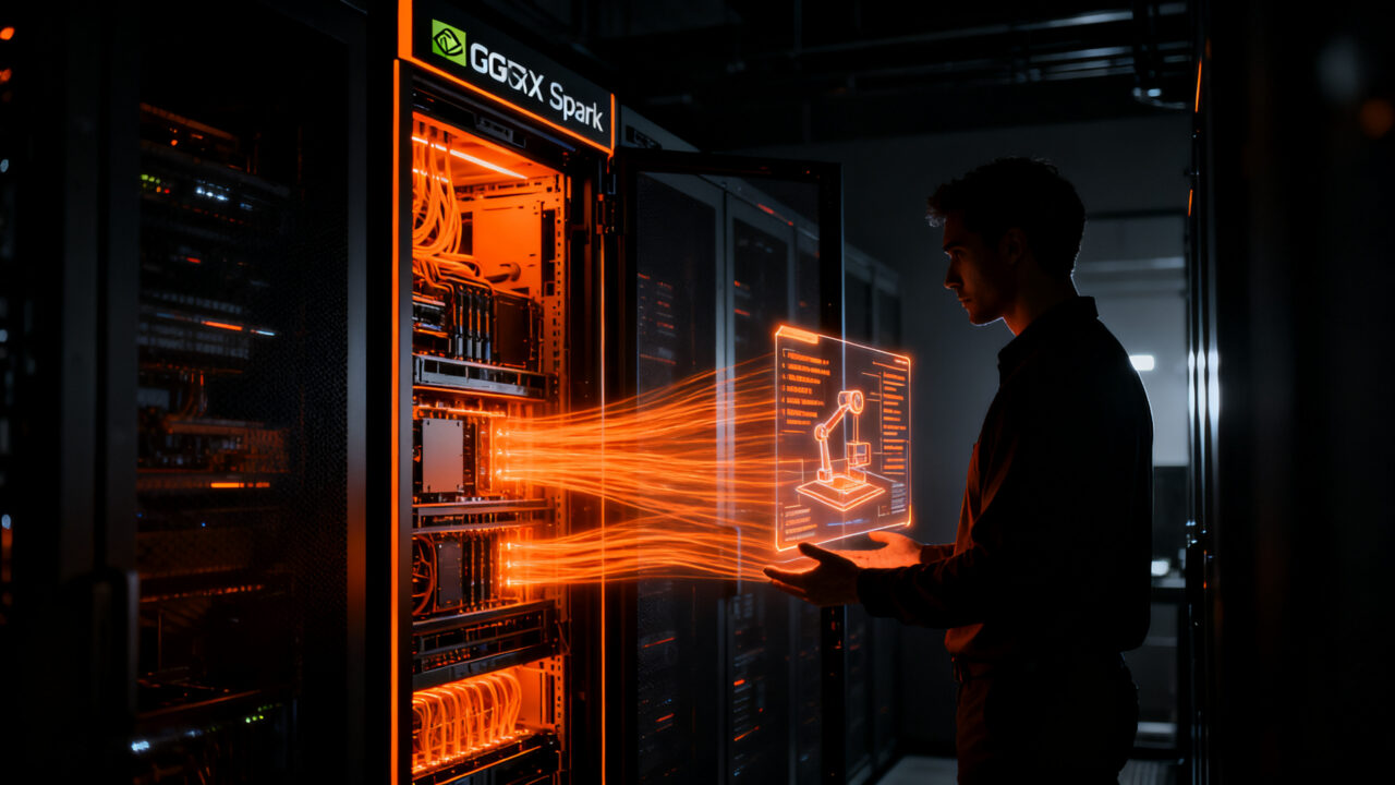 Profesional trabajando con n8n e IA local en un servidor NVIDIA DGX Spark para soberanía de datos.