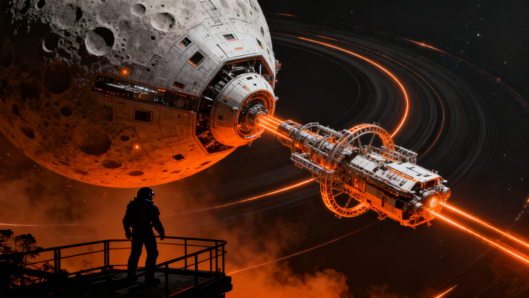 Arquitectura de la misión Artemis IV de la NASA con naves espaciales y landers lunares en el espacio profundo.
