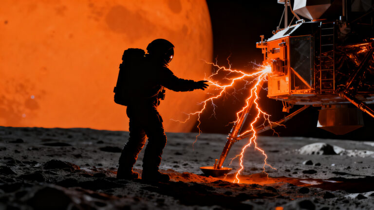 Astronauta en la superficie lunar enfrentando desafíos de electricidad estática para la misión Artemis de la NASA.