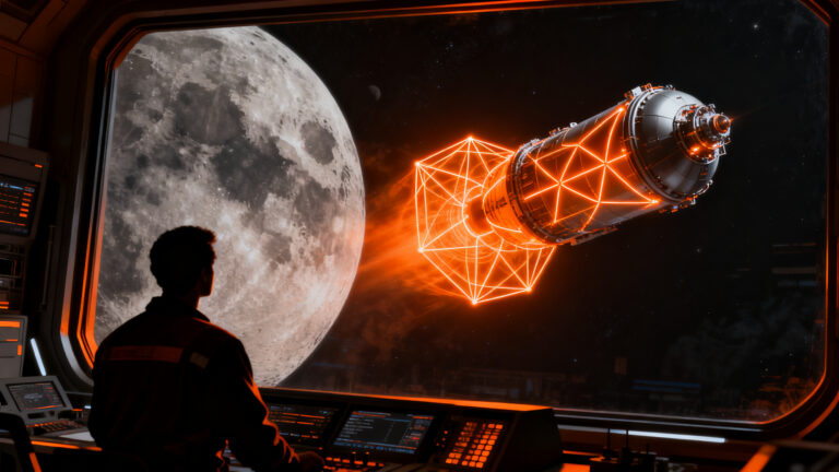 Reactor nuclear espacial en órbita lunar, representando la colaboración entre NASA y DOE en tecnología de propulsión estratégica para startups.