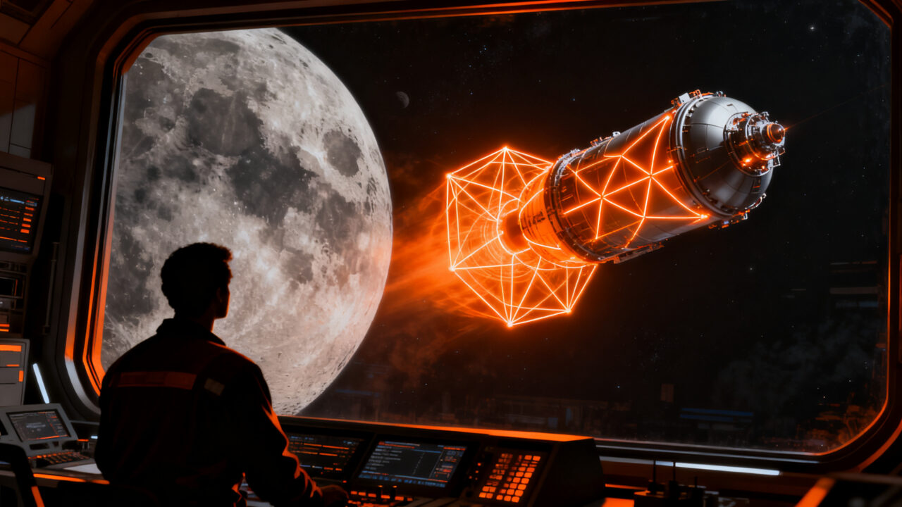 Reactor nuclear espacial en órbita lunar, representando la colaboración entre NASA y DOE en tecnología de propulsión estratégica para startups.