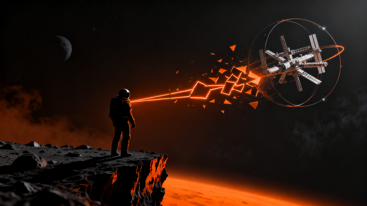 Silueta de astronauta observando el vacío del espacio con estructuras tecnológicas, simbolizando el cambio en la cooperación espacial entre NASA y ESA.