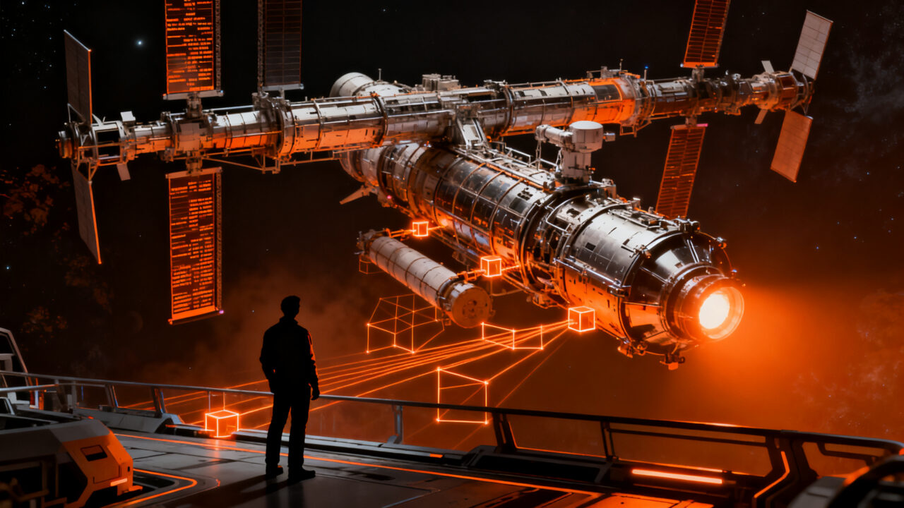 Ingeniero aeroespacial observando el telescopio Hubble en el espacio, representando la colaboración entre NASA y startups en la industria space-tech.