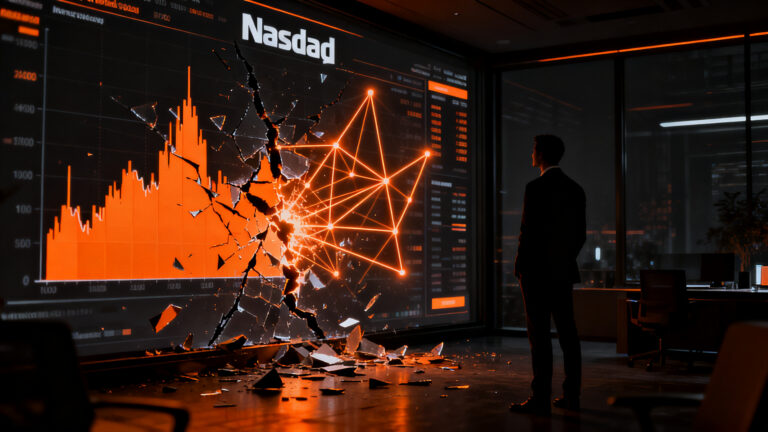 Gráfico financiero del Nasdaq en caída con silueta de inversor analizando el mercado de IA en Wall Street.
