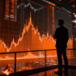 Gráfico financiero con silueta de inversor ante volatilidad del mercado tecnológico e IA en Wall Street.