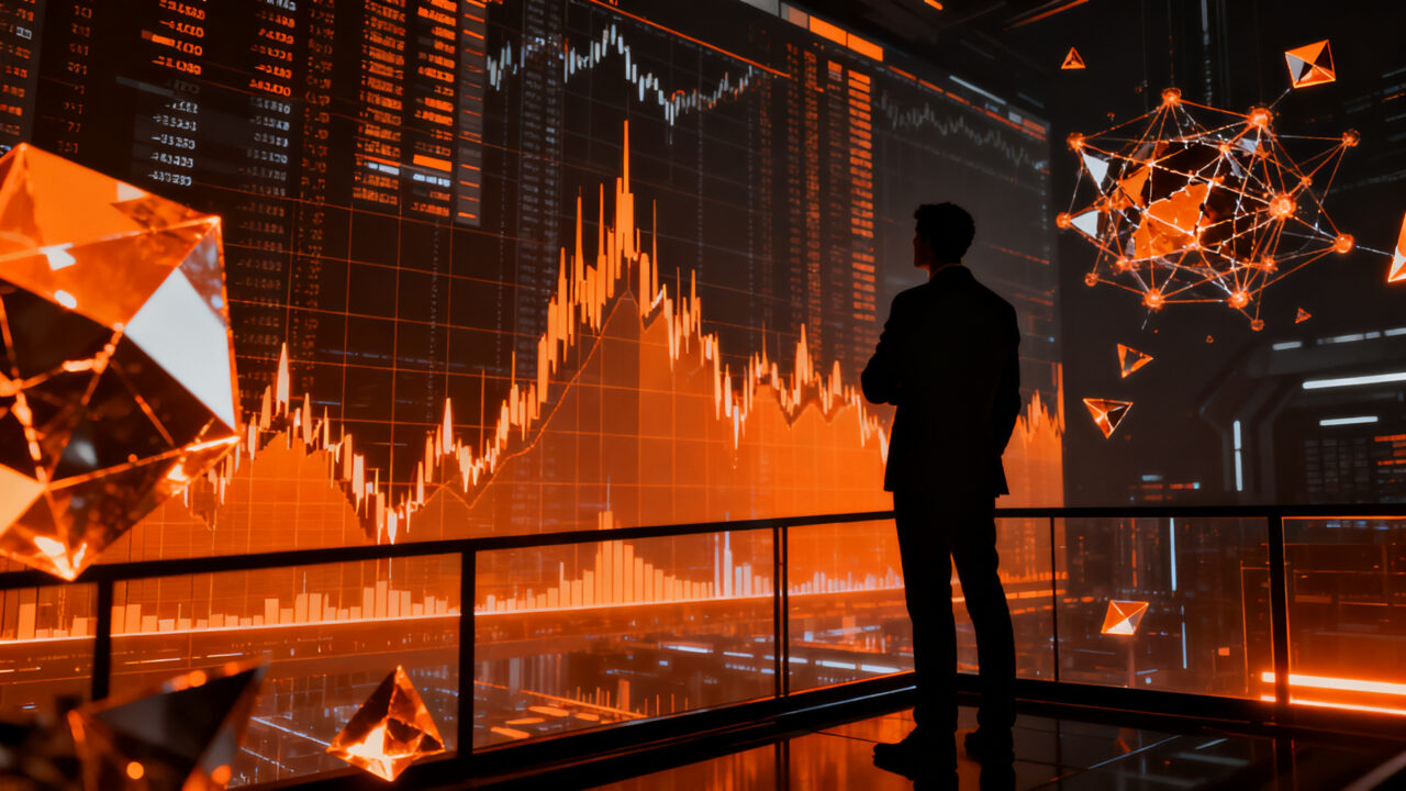 Gráfico financiero con silueta de inversor ante volatilidad del mercado tecnológico e IA en Wall Street.