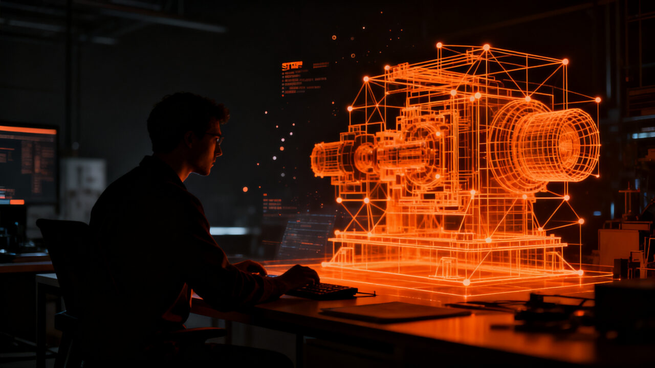 Ingeniero trabajando en modelado 3D profesional con arquitectura local-first para mayor privacidad y seguridad en CAD.