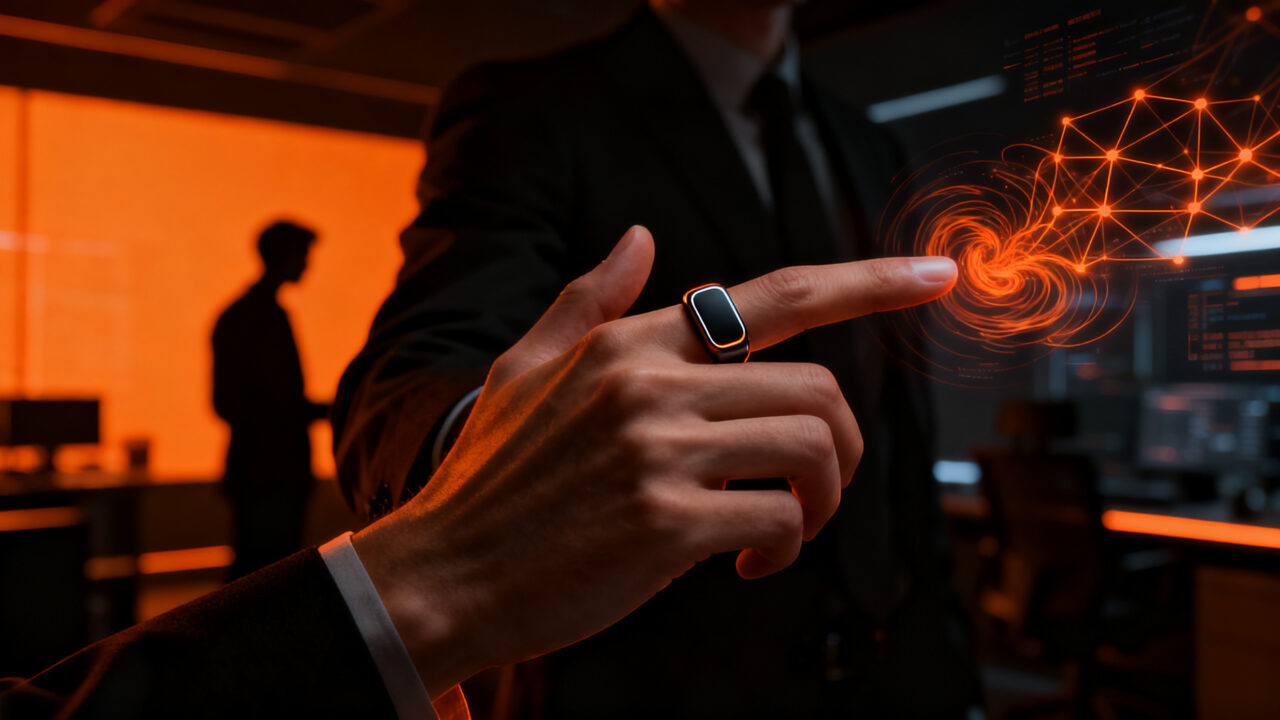 Anillo inteligente Natura Interface conectado a agentes de IA, representando el futuro de la tecnología wearable y la interacción humano-computadora.