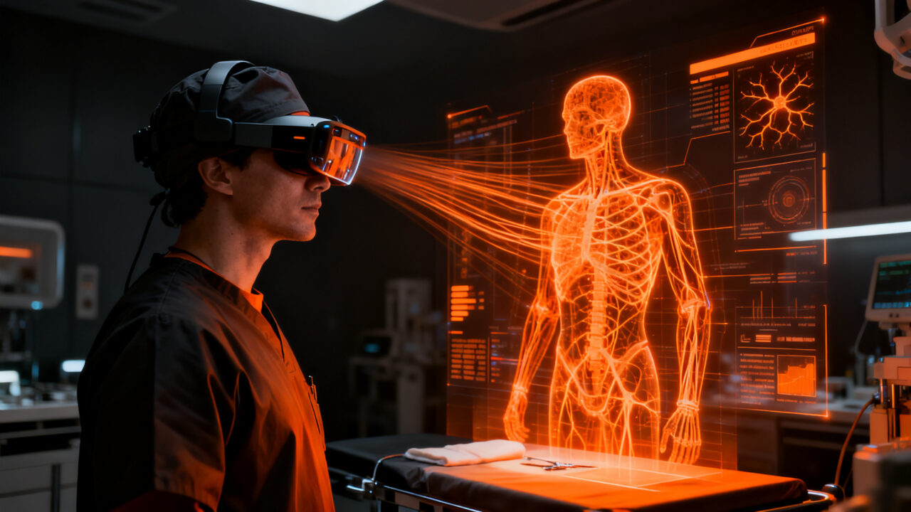 Cirujano utilizando tecnología de IA médica y realidad aumentada, representando la innovación de la startup argentina Navian en los eAwards 2026.