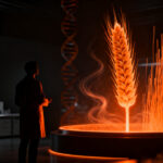 Investigador biotecnológico analizando estructuras de trigo editado genéticamente en laboratorio de alta tecnología, representando la innovación en agtech y rondas de inversión.
