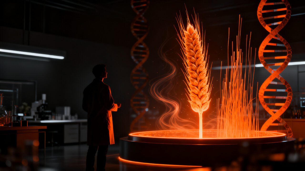 Investigador biotecnológico analizando estructuras de trigo editado genéticamente en laboratorio de alta tecnología, representando la innovación en agtech y rondas de inversión.