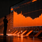 Gráfico financiero descendente en una pantalla digital con un ejecutivo analizando la caída del mercado publicitario de streaming.