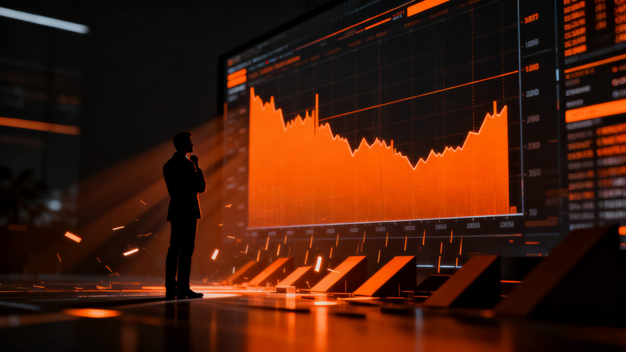 Gráfico financiero descendente en una pantalla digital con un ejecutivo analizando la caída del mercado publicitario de streaming.
